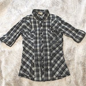 Embellished plaid button up shirt